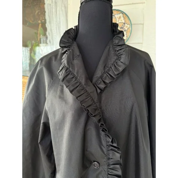 Vintage 70's The Totes Nylon Rain Coat Black Ruffled Collar Sleeves Gothic Size - Picture 3 of 16